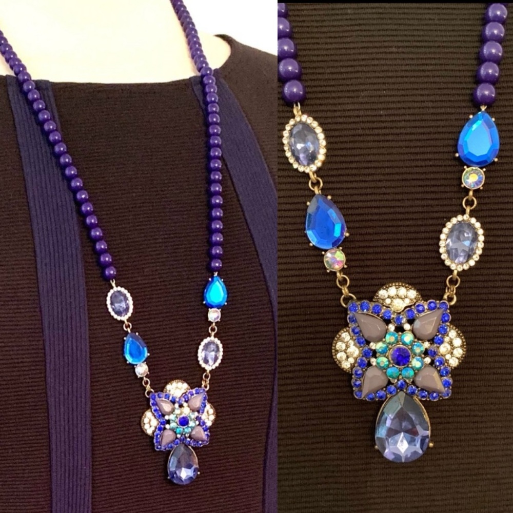 Vintage: Cobalt Blue & Rhinestone Beaded Necklace Long Statement jewelry